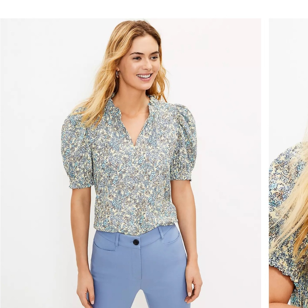 LOFT Green and White Puff Sleeve Crop Blouse